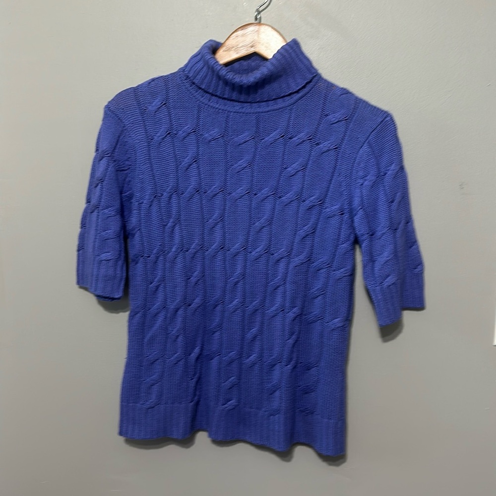 Mark Shale Women’s Silk/Cashmere Short Sleeve Pullover Cable Sweater, Blue, M